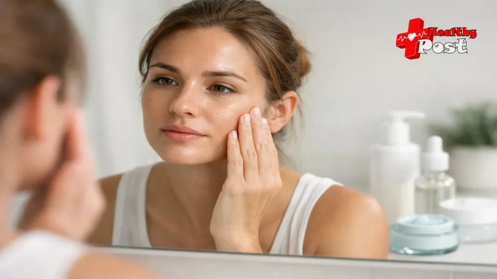 Why Does My Skin Feel Tight But Looks Oily? How to Fix Dehydrated Skin A woman examines her skin in a mirror, showing visible surface shininess and oiliness on the T-zone, which captures the paradox of dehydrated skin vs oily skin.