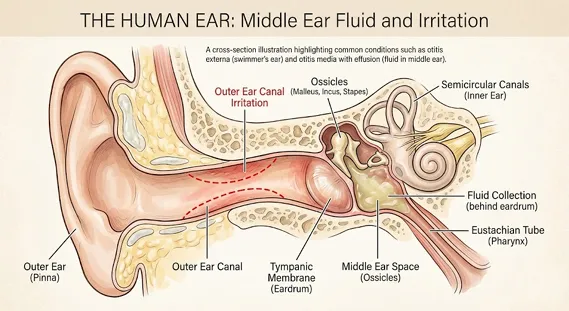 Cross-section of ear showing outer canal, eardrum, middle ear fluid, and Eustachian tube