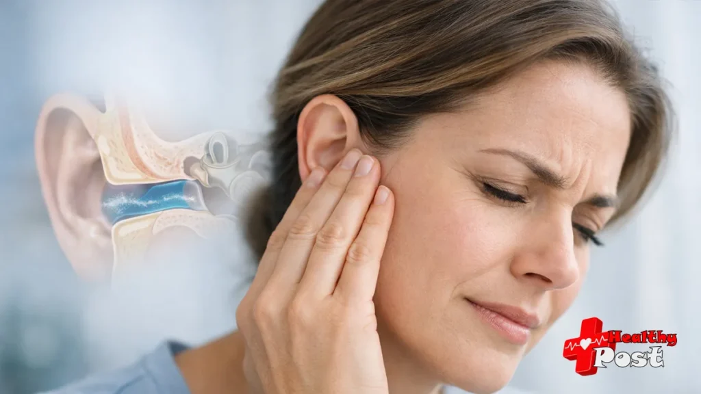 A woman experiencing an ear discomfort sensation where her ear feels like water is in it but isn't, showing an anatomical cross-section diagram of fluid in the ear canal.