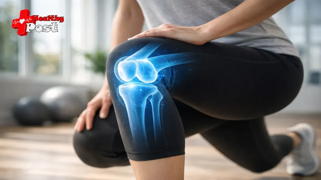 An anatomical blue graphic overlay highlighting the patellofemoral joint mechanics during a lunge to explain why does my knee click but no pain.