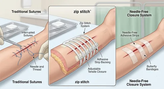 Medical illustration comparing zip stitch closure with traditional stitches on a forearm wound