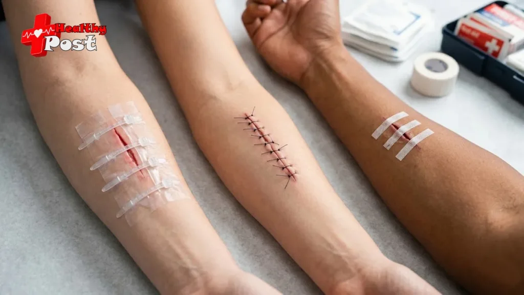 A side-by-side comparison of a zip stitch skin closure, traditional surgical stitches, and butterfly bandages on three forearms for wound care.