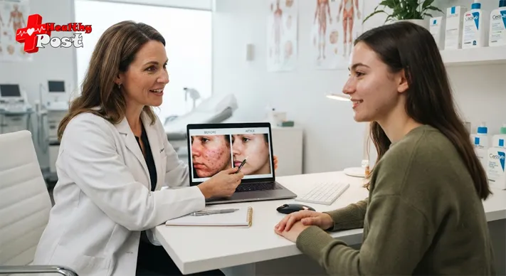 Dermatologist discussing tretinoin progress for acne and post-inflammatory 