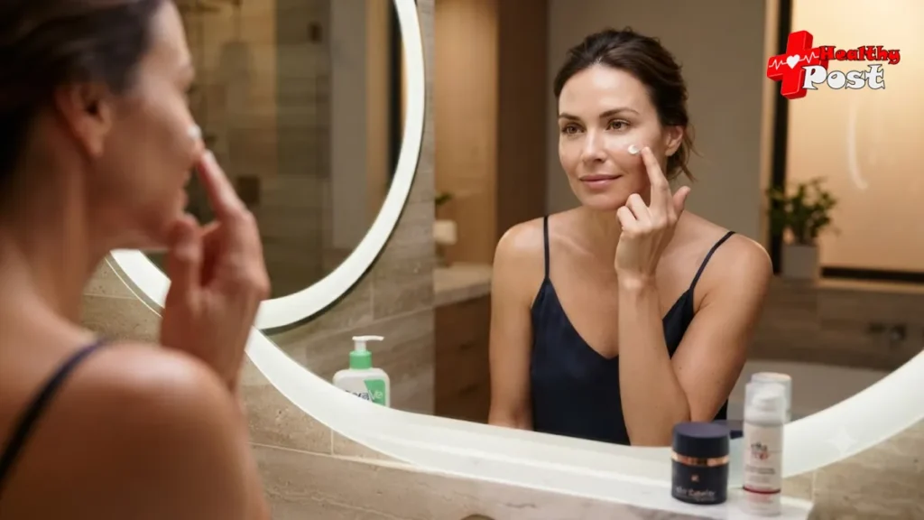 Adult applying tretinoin cream for acne treatment in a clean skincare setting