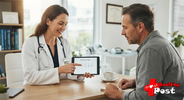 Doctor explaining caffeine effects on heart rate to a patient using a digital tablet.