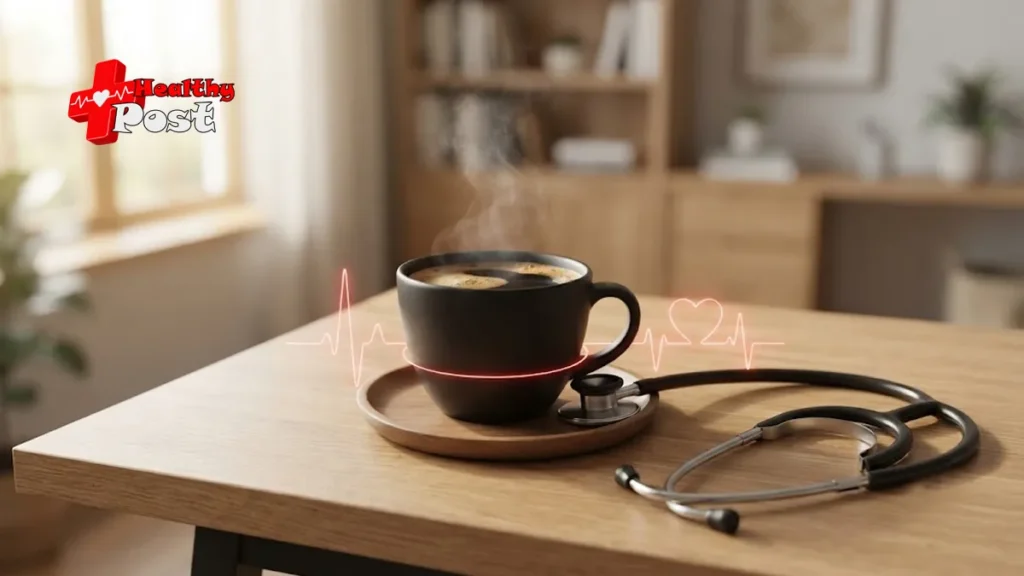 Caffeine Effects on Heart Rate: How Coffee Impacts Your Cardiac Health A cup of black coffee next to a stethoscope and an EKG line, illustrating the caffeine effects on heart rate and cardiovascular health.