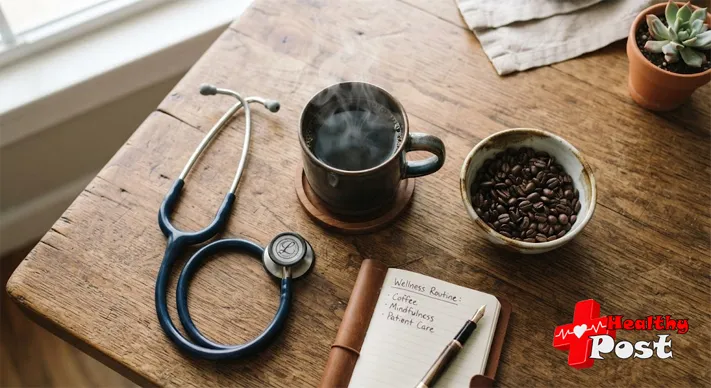 Stethoscope resting next to a cup of black coffee and roasted coffee beans.