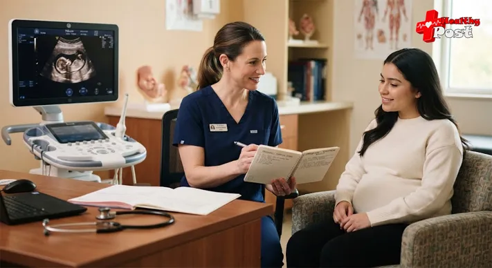 Clinician evaluating early pregnancy bleeding with symptom history and ultrasound