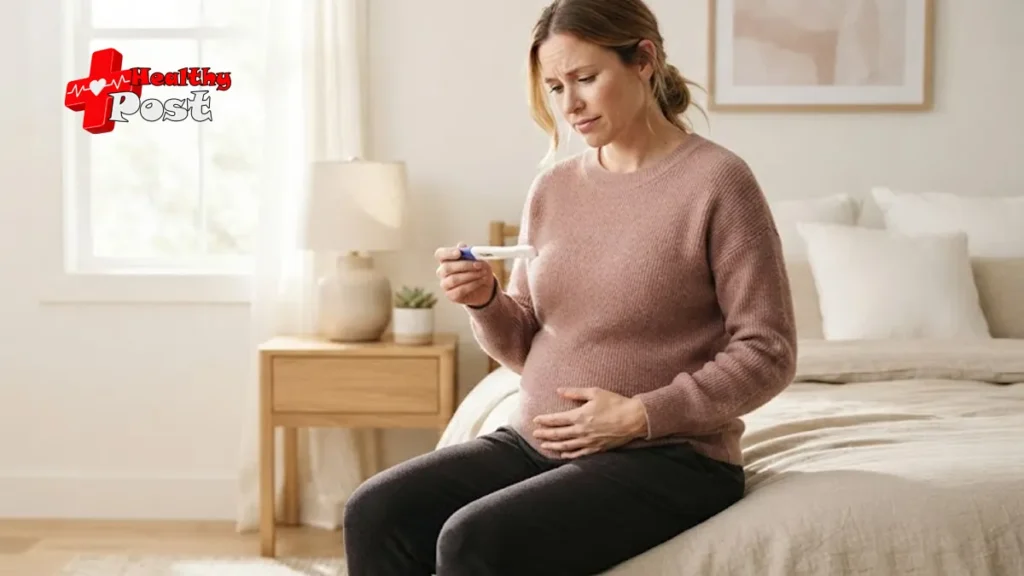 Pregnant woman holding a pregnancy test and wondering about bleeding during pregnancy