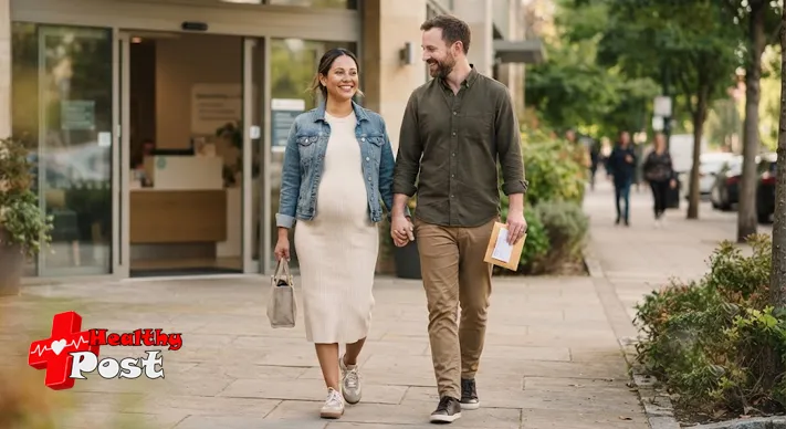 Pregnant person leaving a maternity clinic after evaluation for vaginal bleeding