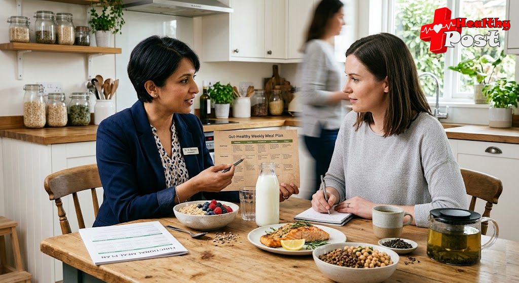 Clinician reviewing functional foods for metabolic health including oats berries kefir salmon and legumes