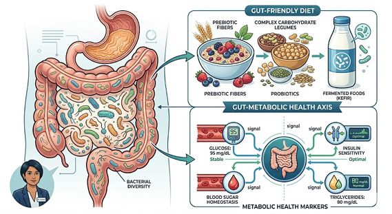 Medical infographic showing gut microbiome links to functional foods and metabolic health markers