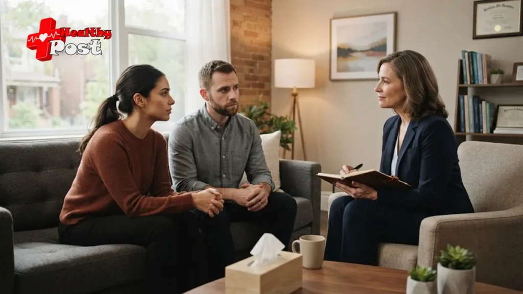 Couples Therapy: What to Expect in Your First Session (A Clinical Guide) Couple attending their first therapy session with a counselor in a calm office