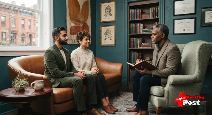 Couple meeting with therapist in a calm office during first counseling session