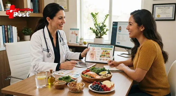 Female doctor discussing diet and sexual health with a woman in a clinical setting