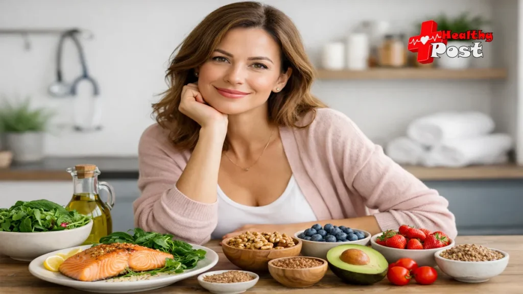 How Diet Affects Sexual Health in Women: A Complete Guide by Dr. Rachana Bhoite Healthy foods and confident woman in a bright kitchen representing how diet supports women’s sexual health and hormone balance