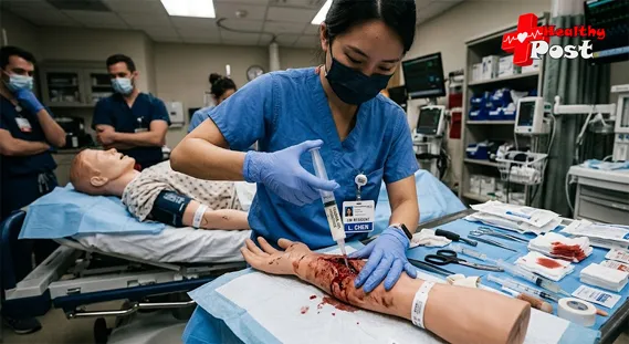 Clinician applying hemostatic gel from syringe into trauma wound during emergency care training