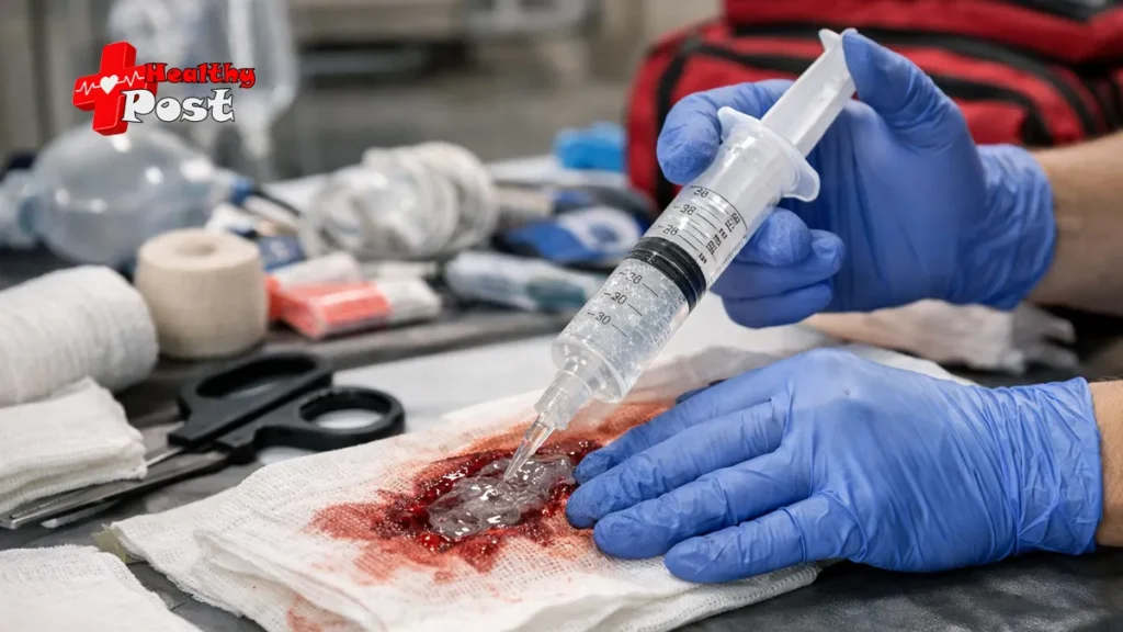 How Does Traumagel Work? 7 Life-Saving Benefits & Guide Gloved clinician applying hemostatic gel from a syringe on a trauma care setup for severe bleeding control