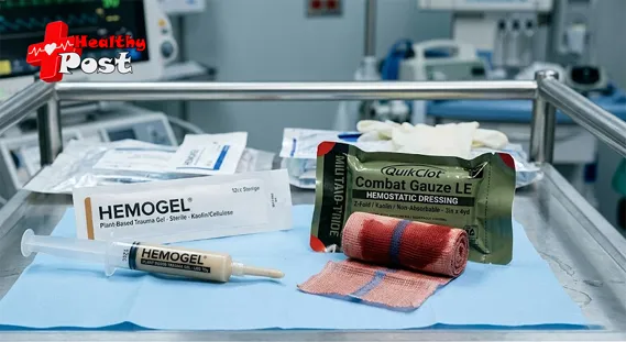 Trauma gel syringe next to hemostatic combat gauze on trauma cart