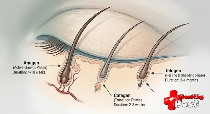 Medical illustration of eyelash growth cycle phases on the eyelid