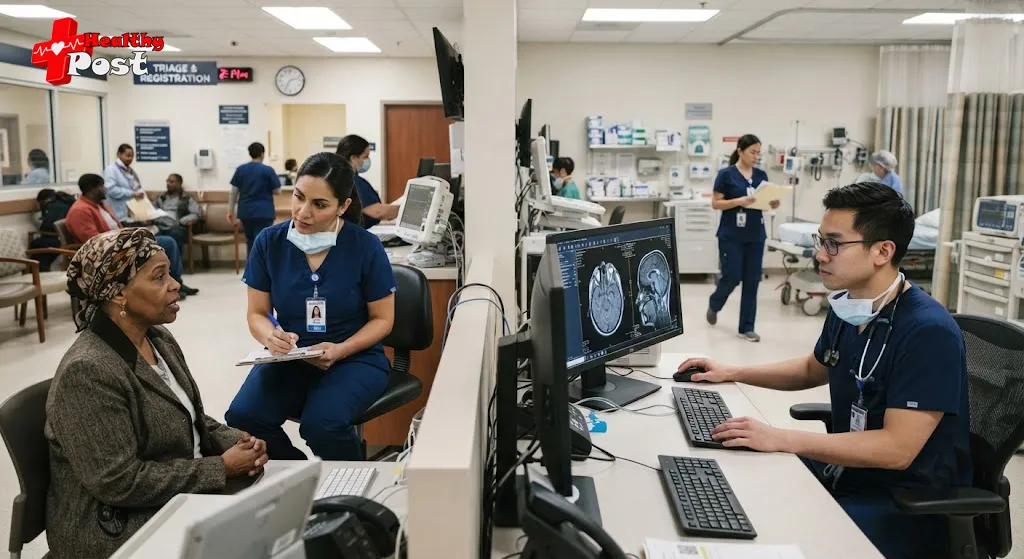 Emergency room triage nurse and doctor reviewing CT scan workflow in a hospital