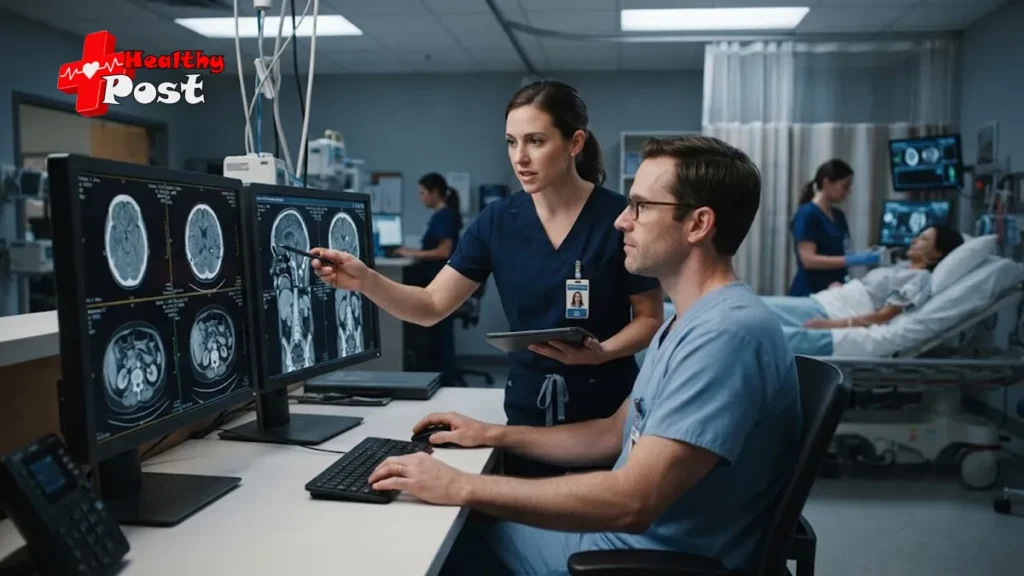 ER doctor and radiologist reviewing CT scan images in a hospital emergency department