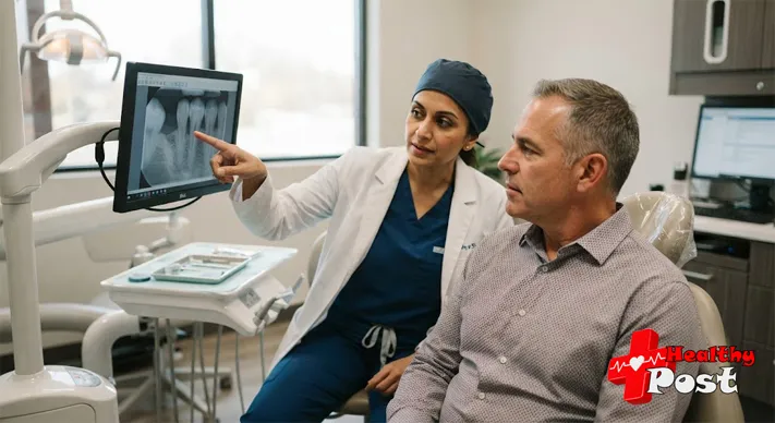 Dentist reviewing X-ray with patient who has a loose front tooth