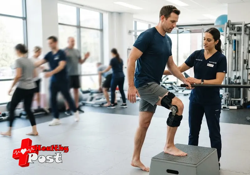 Physiotherapist supervising torn meniscus recovery exercises with hinged knee brace for stability