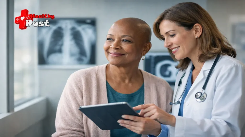 Long-term small cell lung cancer survivor with oncology clinician in hospital setting symbolizing hope and treatment progress