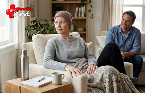 Chemotherapy patient managing fatigue at home with rest, hydration, and caregiver support