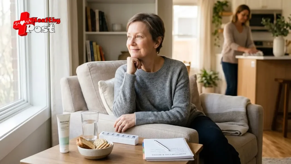Adult cancer patient at home managing chemotherapy side effects with water, light food, skincare items, and a symptom journal
