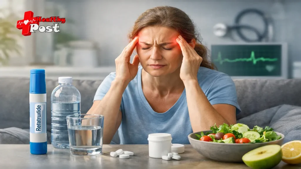 Person managing retatrutide treatment at home with water, notebook, and medication schedule to help with mild headache side effects
