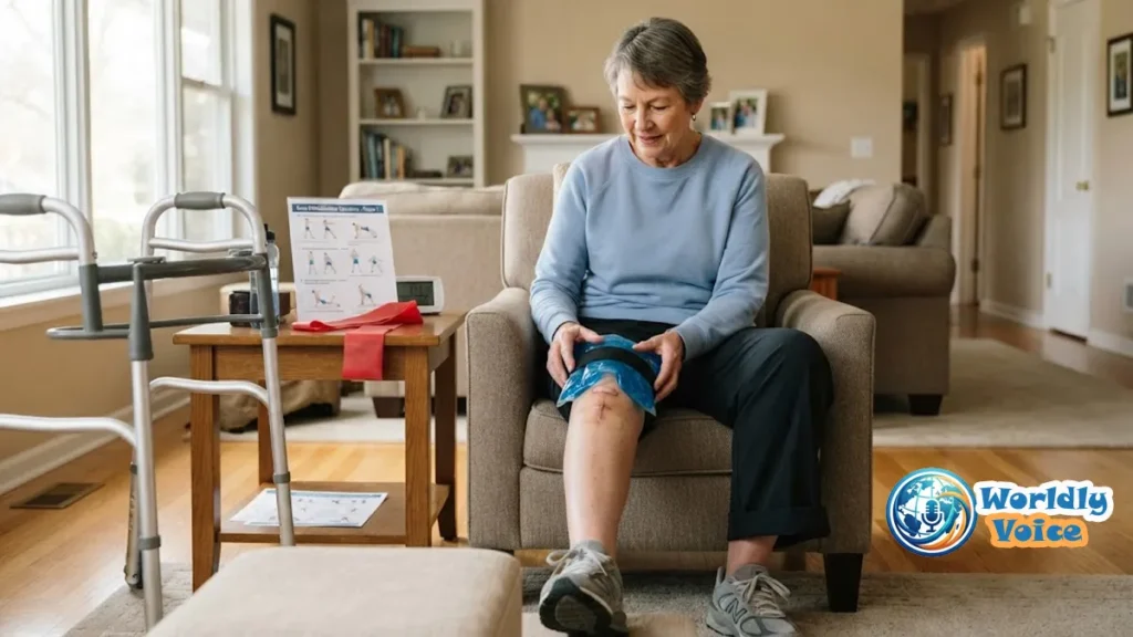Older adult recovering at home after knee replacement with walker, ice pack, and elevated knee