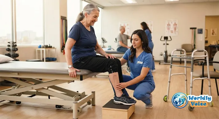 Patient performing knee replacement rehabilitation exercises with a physical therapist