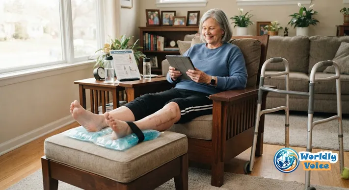 Home environment arranged safely for knee replacement recovery with walker and elevated leg