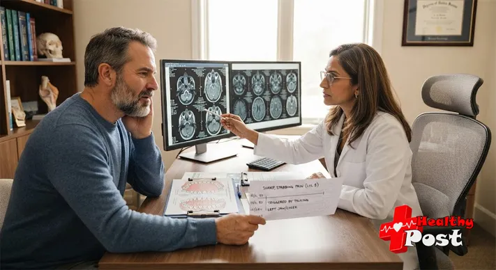 Neurologist and patient reviewing MRI and symptom timeline for trigeminal neuralgia differential diagnosis