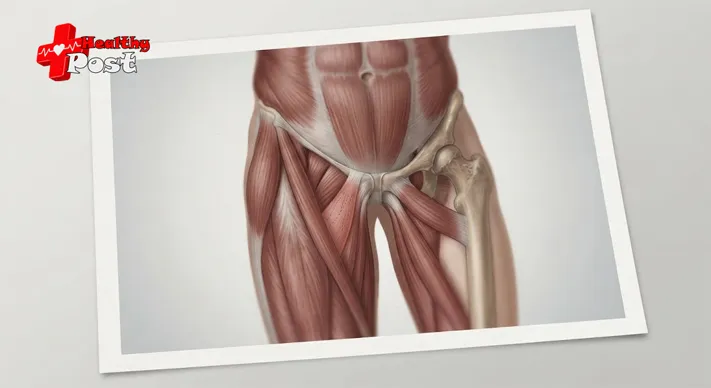 Medical illustration showing the adductor muscles in the inner thigh and groin region