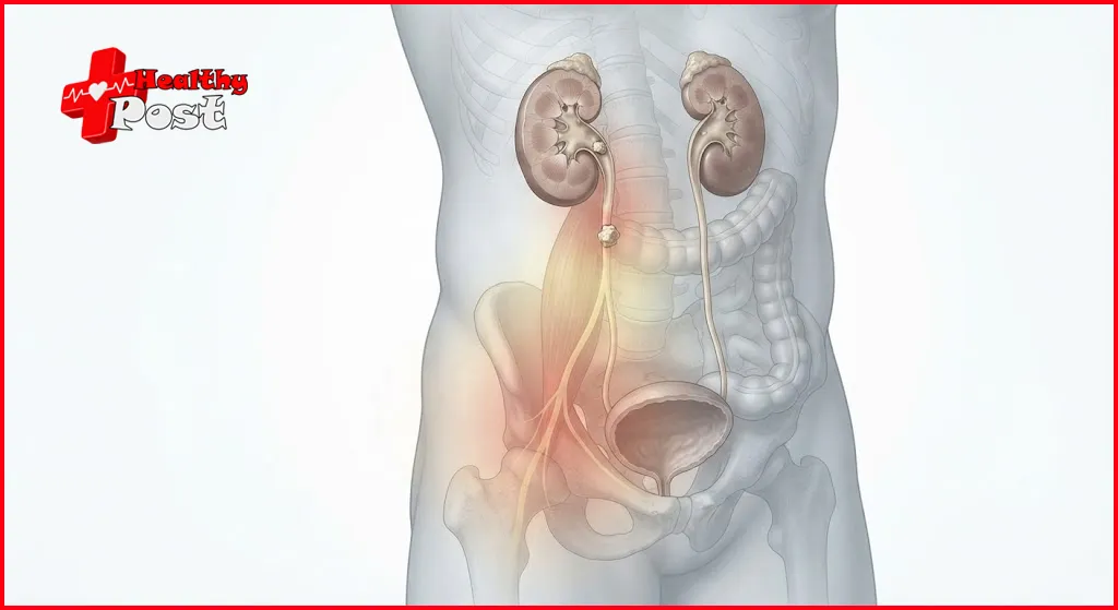 Medical illustration of the urinary system and kidney stone pain pathway toward the groin