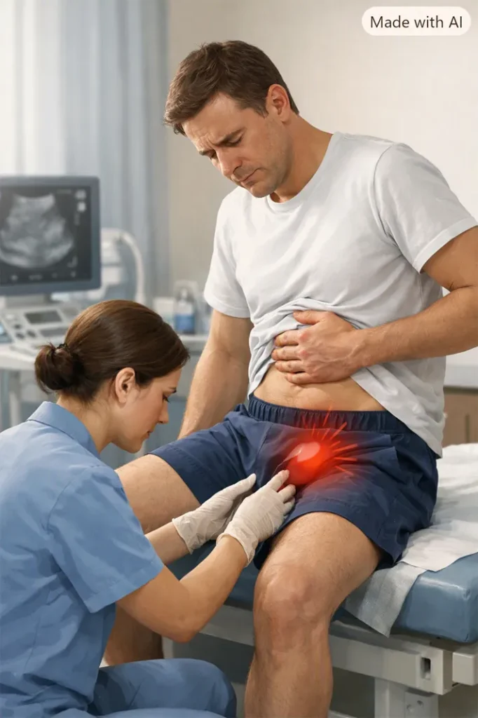 Clinician evaluating a patient with severe groin pain and possible warning signs