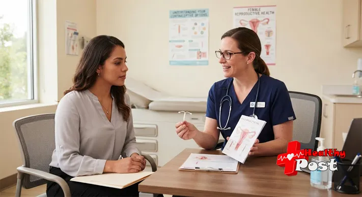 Doctor explaining IUD aftercare and string check instructions to patient after IUD insertion