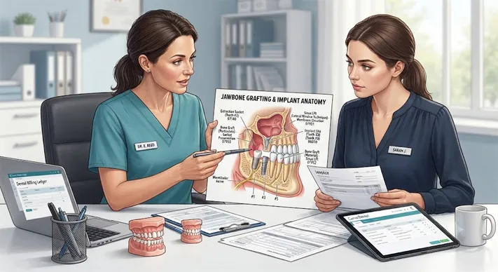Dentist and billing specialist reviewing dental bone graft CDT codes and jaw anatomy diagram