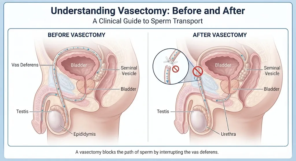 Medical illustration showing how vasectomy blocks sperm in the vas deferens