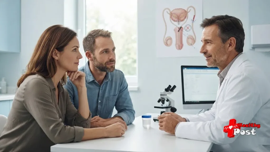 Couple discussing pregnancy risk after vasectomy with a urologist