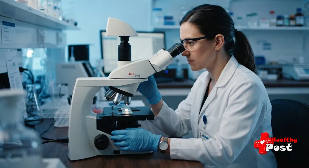 Laboratory technician performing post vasectomy semen analysis under a microscope