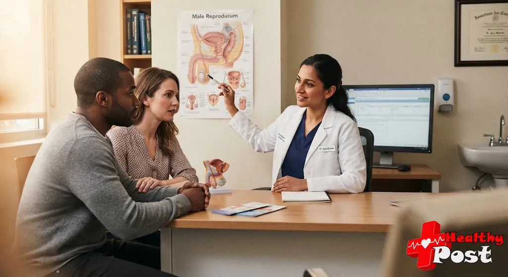 Urologist discussing vasectomy failure and semen testing with a couple