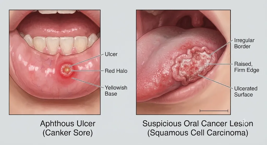 Comparison of mouth ulcer and oral cancer lesion appearance