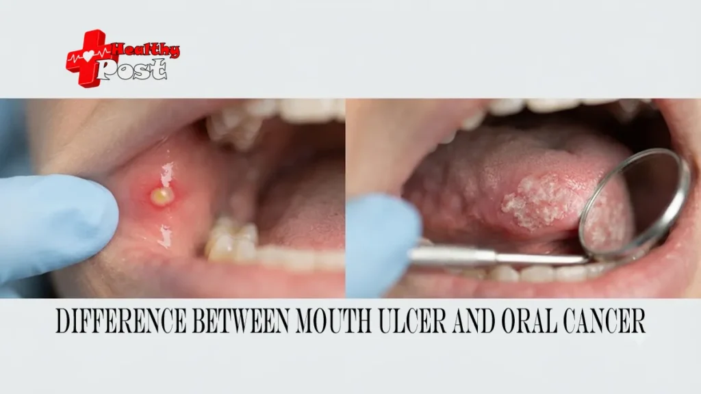 Side-by-side medical illustration of a typical mouth ulcer and a suspicious oral cancer lesion inside the mouth