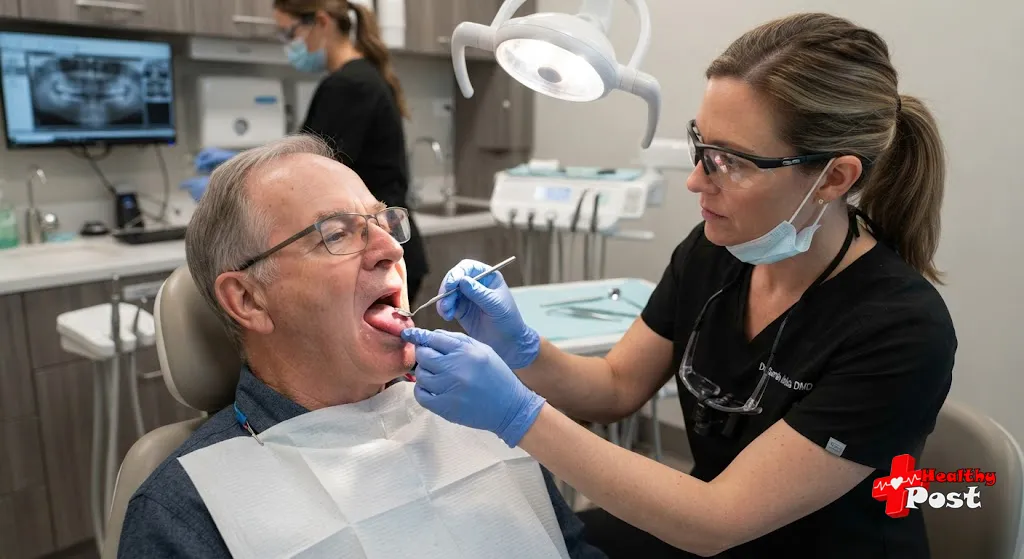 examining a persistent mouth sore in clinic