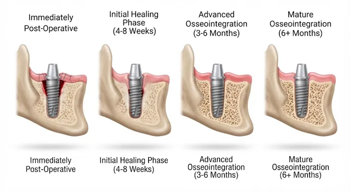 Medical illustration showing bone healing around a dental implant during osseointegration