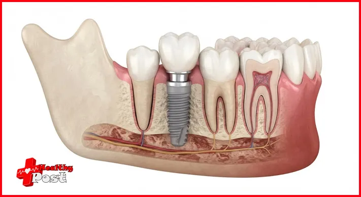 Cross-sectional illustration showing an endosteal dental implant anchored inside the jawbone beneath a dental crown
